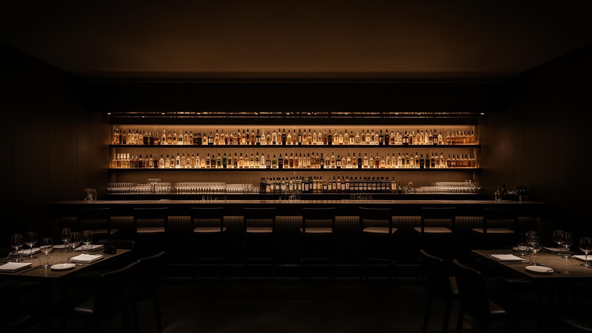 Backlit bar of a fine dining restaurant